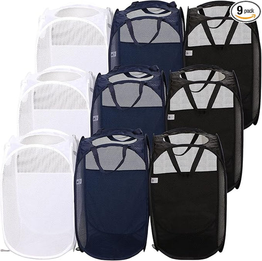 AQQA 9 Pcs Mesh Popup Laundry Hamper Set, Black/White/Blue, Durable Handles, Foldable, Sturdy Mesh Construction, Ideal for Kids, Teens, Adults, College Dorm, Camping, Hotel, Travel | Foldable, Sturdy Mesh Construction, Ideal for Kids, Teens, Adults, Co... by AQQA