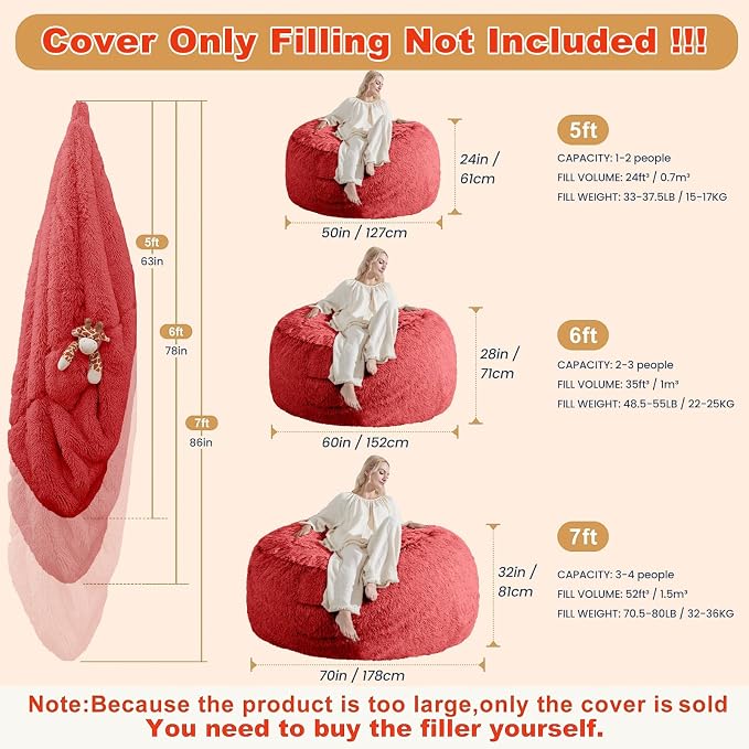 Bean Bag Cover (No Filler) - Faux Fur Beanbag Chairs Covers Only, Stuffed Animal Storage Bean Bag for Adults, Large Washable Beanbag Cover Without Filling, 5FT, Red - Image 2