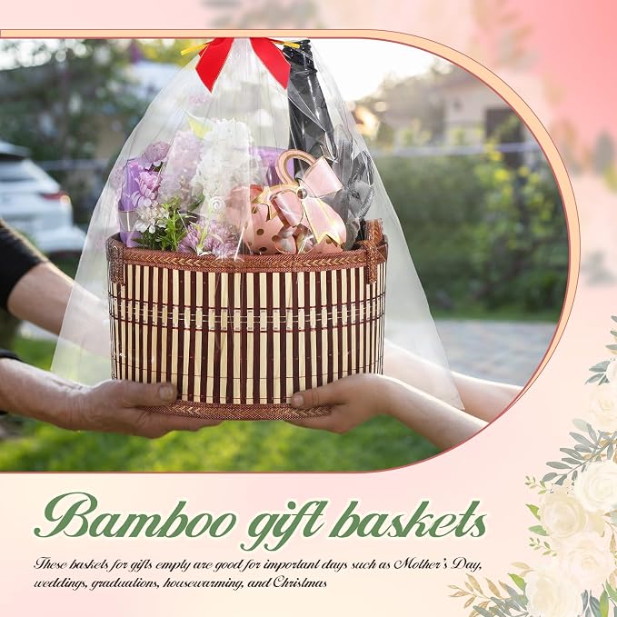 Weysat 6 Set Baskets for Gifts Empty Bulk, Large Woven Bamboo Gift Basket Kit with Handles, Bow, Wrap Bag to Fill for Raffle Thanksgiving Day Wedding Birthdays Party Wrapping (Brown) - Image 5