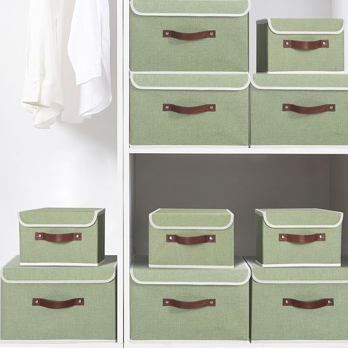 ANMINY Fabric Storage Box Bins with Lids, Green, 13"x9"x7.9", 4 Pack | Keepsake Memory Storage, Cotton Linen, PP Board Reinforced, Washable, PU Handles, Foldable & Stackable, Decorative, Medium - Image 8
