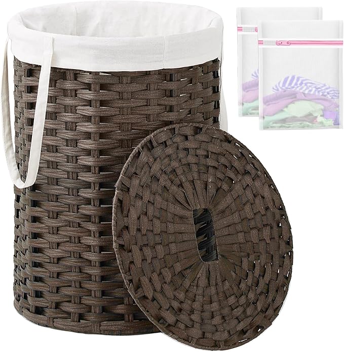 SETVSON Laundry Hamper with Lid, 19.0 Gal (72 L) Round PE Rattan, Brown | 72L Woven Hamper with Lid, Removable Washable Liner Bag, 2 Mesh Laundry Bags, Strong Steel Frame, Foldable Long Handles by SETVSON