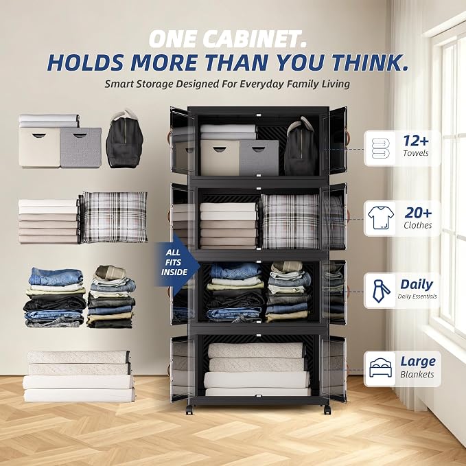 SAILUN 190QT/47Gal Stackable Storage Bins with a Lid, Collapsible Storage Bins With Doors, Folding Cabinet for Home Closet Organization,4 Pack-19.7" W x 12.6" D x 44.3" H Black - Image 5
