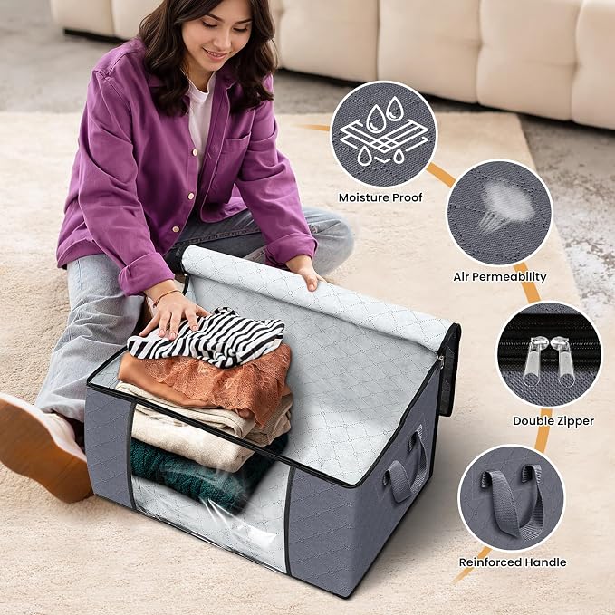8 Pack Storage Bags for Clothes Blanket Storage Bins with Lids | Foldable Closet Organizers with Zippers,Window and Handles,Fabric Storage Bins for Sweater,Comforter,Bedding,Dorm essentials - Image 4
