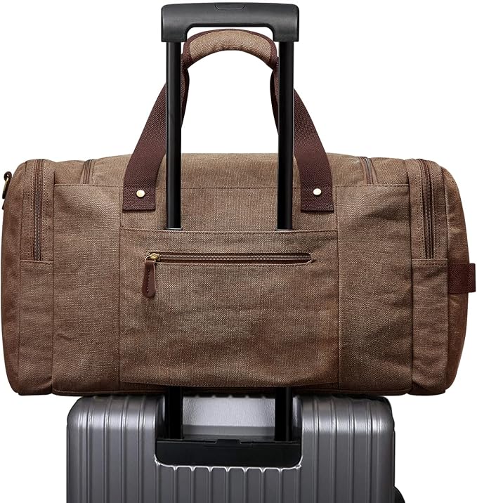 S-ZONE Canvas Travel Duffel Bag Weekend Overnight Bag for Men and Women | Water-resistant, X-Large Size, Multi-Pockets, Removable Shoulder Strap, for Gym or Travel, Coffee - Image 7