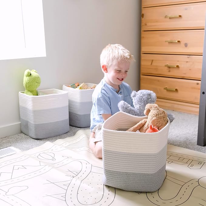 NaturalCozy 13 Inch Cube Storage Bins Cotton Rope Woven Baskets for Organizing 3-Pack | 13 x 13 Storage Cubes | Fabric Square Storage Baskets for Shelves Organizer, Kids Toy Bins, Closet Baby Nursery - Image 5