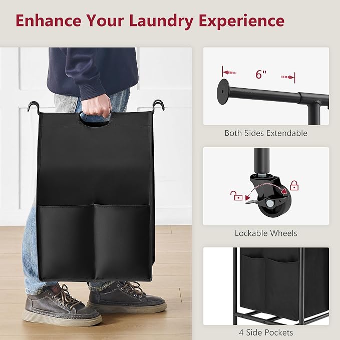 Laundry Sorter with Hanging Bar, 2 Bag laundry cart, Black & Gray | 2 Section Laundry Hamper with Lockable Wheels and Removable Bag, Laundry Cart with Hanging Rack for Laundry Room, Bathroom - Image 6