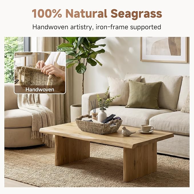 StorageWorks Seagrass Storage Baskets, Large Snack Baskets for Shelves | Wicker Storage Baskets for Shelves, Baskets with Wooden Handles, 2-Pack Gifts Basket for Home Decor, Hand-Woven Basket - Image 5