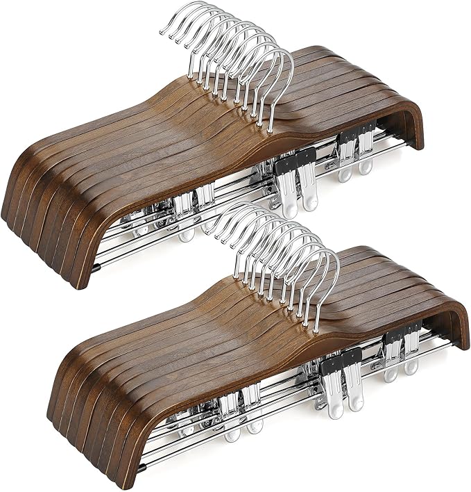 TOPIA HANGER Wooden Pants Hangers, Slim Natural Wood Skirt Hangers with Anti-Rust Hook and Adjustable Metal Clips, Perfect for Skirts, Pants, Slacks-20 Pack-CT17A20 by TOPIAHANGER