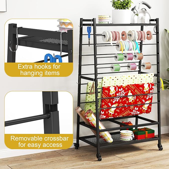 Ribbon Organizer for Craft Room, Rolling Ribbon Holder Black | Double-Sided Ribbon Holder Organizer Rack, Metal Craft Christmas Gift Wrapping Paper Holder, Large Ribbon Storage Rack - Image 6