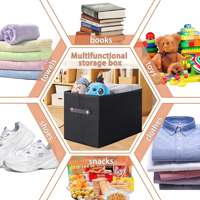 6 Pack Large Collapsible Storage Baskets for Shelves,14.9"x9.5" Fabric Closet storage Boxes with Leather Handles,Decorative Organizers Storage Bins for Clothes,Sheets,Toys,Books,(Black) - Image 3