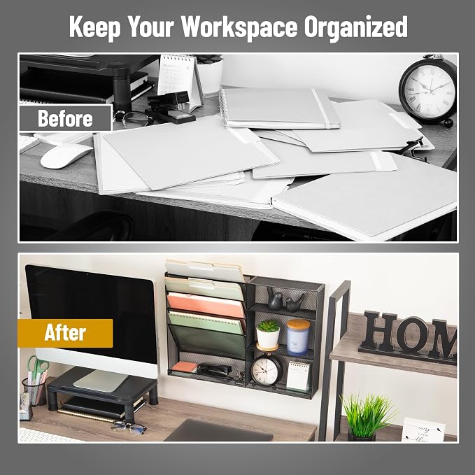 Mind Reader 4-Tier Vertical File Storage and Shelves, Desktop Organizer, Wall Mount, Office, Metal Mesh, 22.5"L x 4"W x 16"H, Black - Image 5