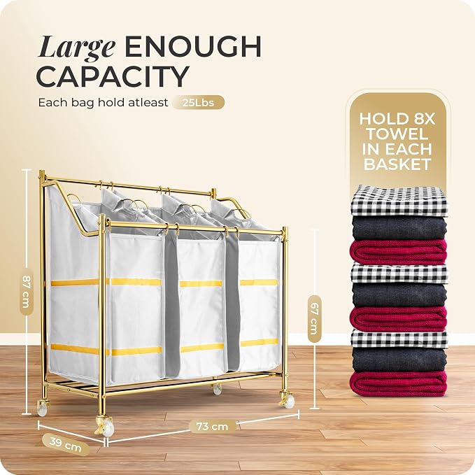 LUXURY STYLE 3- Sections Laundry Sorter, Roling Laundry Cart, Modern Golden Hamper, 3-Bags Organizer with Wheels, Laundry Basket, XL Hamper for Clothes, Toys, and Towels (Classic White) - Image 5