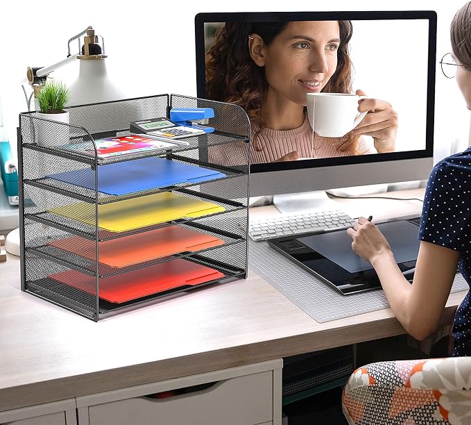 2 Sets 5-Tier Paper Organizer,Paper Tray Holder for Desk,File Holder/Sorter,Legal/Letter Size,A4,File Folder Shelf Organizer for Office,Home,Solid Steel,Mesh,Sturdy,Leakproof,Large Capacity - Image 3