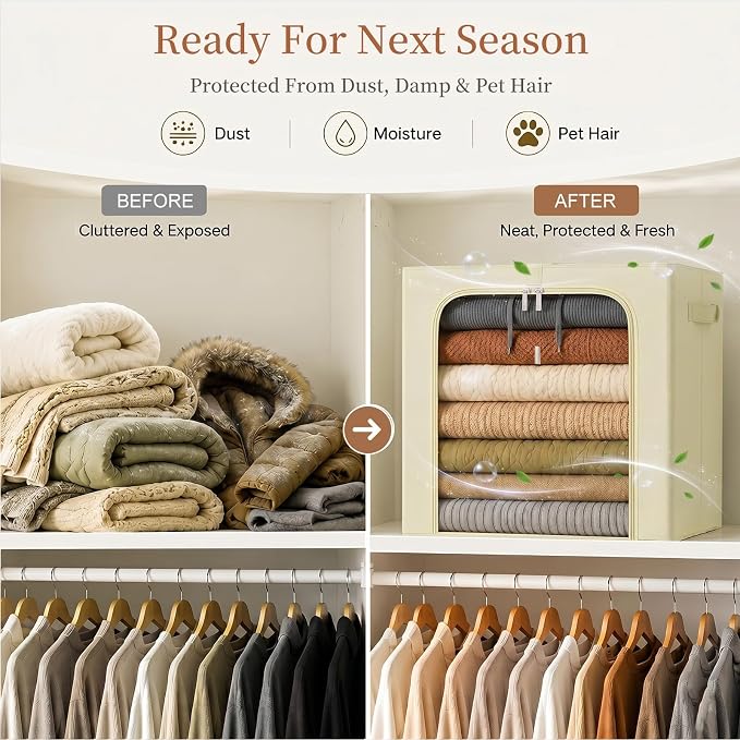 GoMaihe Blanket Storage Bins with Metal Frame for Closet, 55L 6-Pack Beige | Winter Coat Clothing Comforters Bedding, Closet Top Shelf Organizer, Collapse-Proof Stackable, Clear Window Dual Access - Image 6