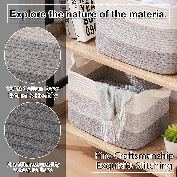 OIAHOMY Woven Storage Basket, Cotton Rope Baskets for Toys,Towel, Clothes, Used to Bathroom,Living Room,Nursery,Bedroom, 16"x12"x10"- Pack of 3, Gradient Gray - Image 5