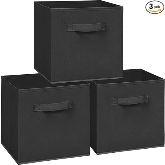 11x11 Storage Bins, Set of 3 Storage Cubes, Collapsible Cube Storage Box, Fabric Closet Organizers with Handles for Home, Office, Closet Shelf Cabinet, Bookcase, Black by Unknown