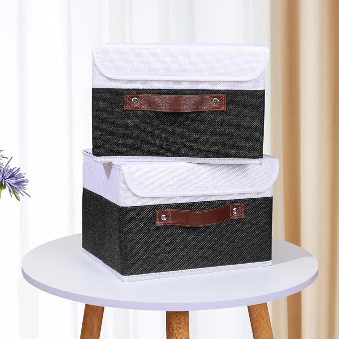 ANMINY Fabric Storage Box Bins with Lids, Black White, 10"x8"x7", 2 Pack | Keepsake Memory Storage, Cotton Linen, PP Board Reinforced, Washable, PU Handles, Foldable & Stackable, Decorative, Small - Image 6