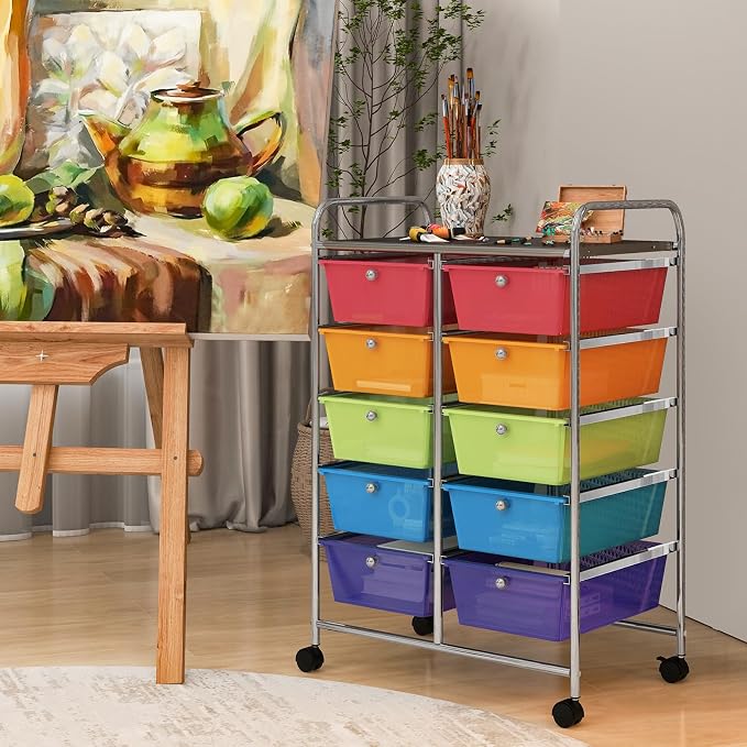 RELAX4LIFE Rolling Storage Cart with 10 Drawers - Craft Storage Cart with Lockable Wheels,Utility Cart, Art Cart Organizer for Crafting Storage, Studio, Office, School Rolling Drawer Cart (Rainbow) - Image 2