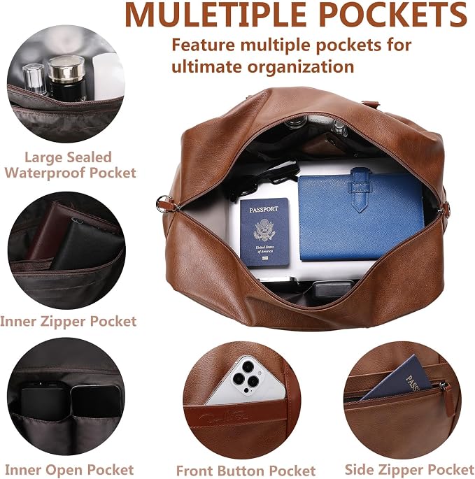 Large 4-in-1 Leather Duffle Bag for Travel Weekender Overnight Hospital Gym Bag for Men & Women, Carry On Airline Approved Personal Item Duffel Garment Bag Luggage with Shoe Compartment & Toiletry Bag - Image 7