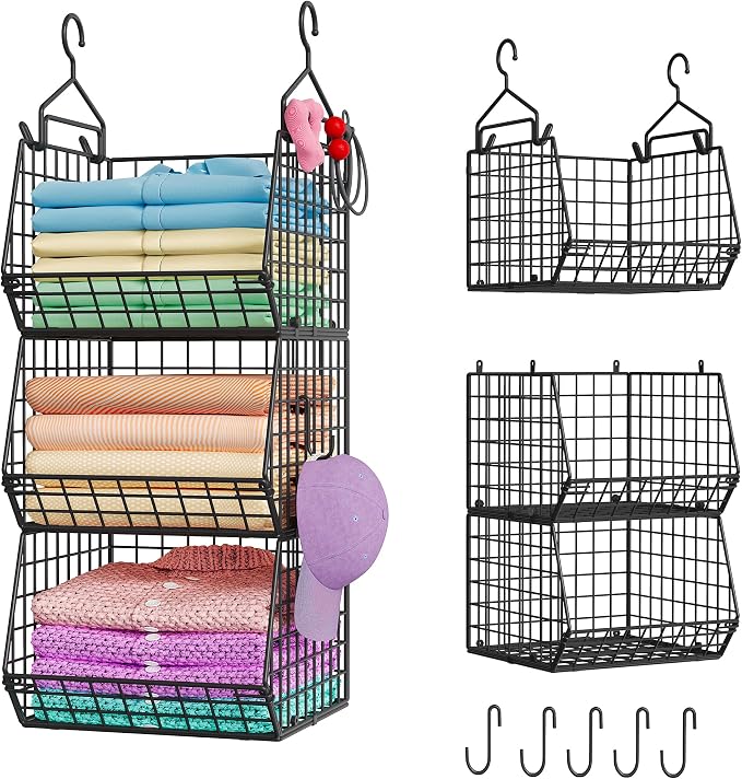 X-cosrack 3-Tier Hanging Closet Organizer, Laundry Room Organization | Space Saving Shelves with 1.65" Hook & 5 S-Hooks | Hanging Wire Baskets (12.4" W x 8.8" H x 10.24-11.8" D) by X-cosrack