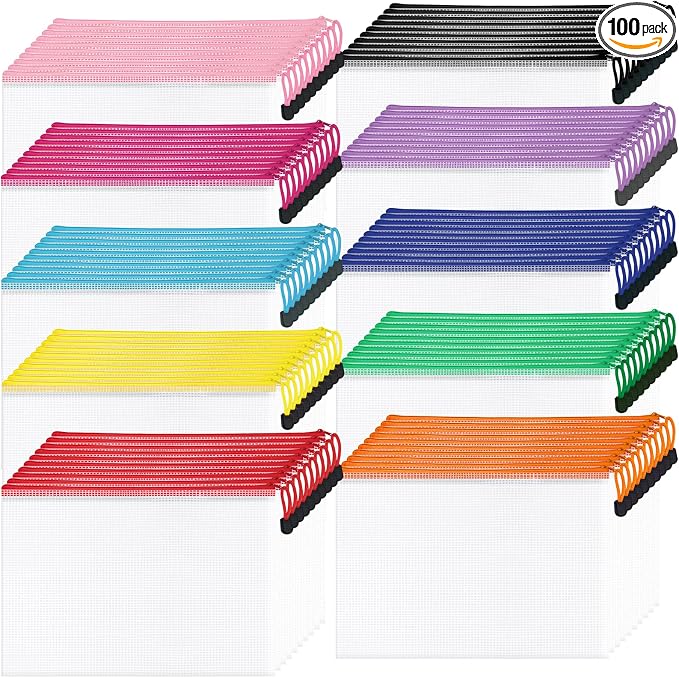 100 Pack Mesh Zipper Pouch Bags, A4 Size,10 Colors | Waterproof, Ideal for Document Storage & Organization, School, Office, Toys, Puzzle, Home, Travel, Craft, Classroom by Aubeco