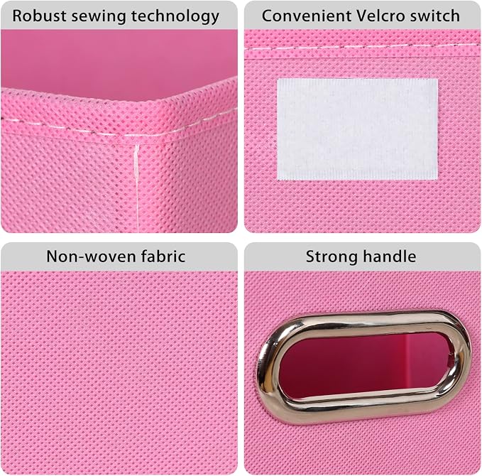 Linen Fabric Foldable Collapsible Storage Cube Bin Organizer Basket Fabric Storage Bins with Lid, Leather Handles, Removable Divider for Home, Closet, Pink 3Pcs - Image 7