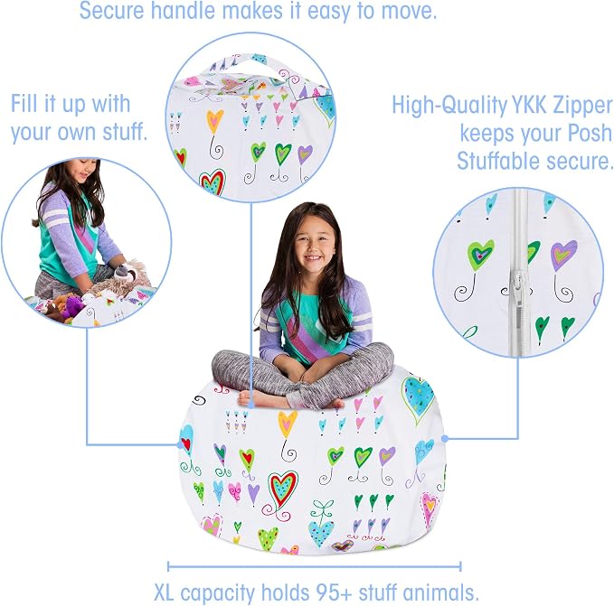 Posh Stuffable Kids Stuffed Animal Storage Bean Bag Chair Cover - Childrens Toy Organizer, Large-38 - Canvas Multi-Colored Hearts on White - Image 2