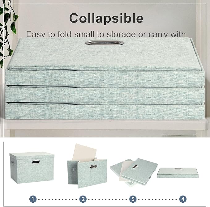 Storage Bins with Lids Fabric Closet Organizers Cubes Office Organization | 36 Quart 3 Pack Light Green Collapsible Stackable Linen Fabric 4 Handles Bedroom Closet Cabinet Under Bed Clothes Toy Office - Image 4