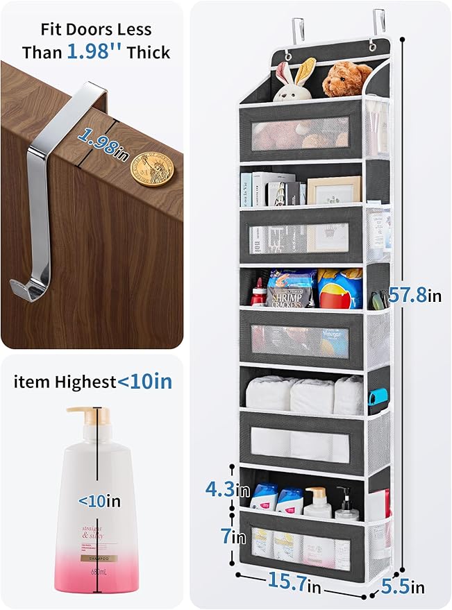 JARLINK Over the Door Organizer for Pantry, Bathroom, 5 Shelf Black, 2 Pack | Anti-Tilt Design, 44 lb Load Capacity, Hanging Door Organizer with 5 Large Capacity Pockets, Behind Door Storage for Nursery - Image 3