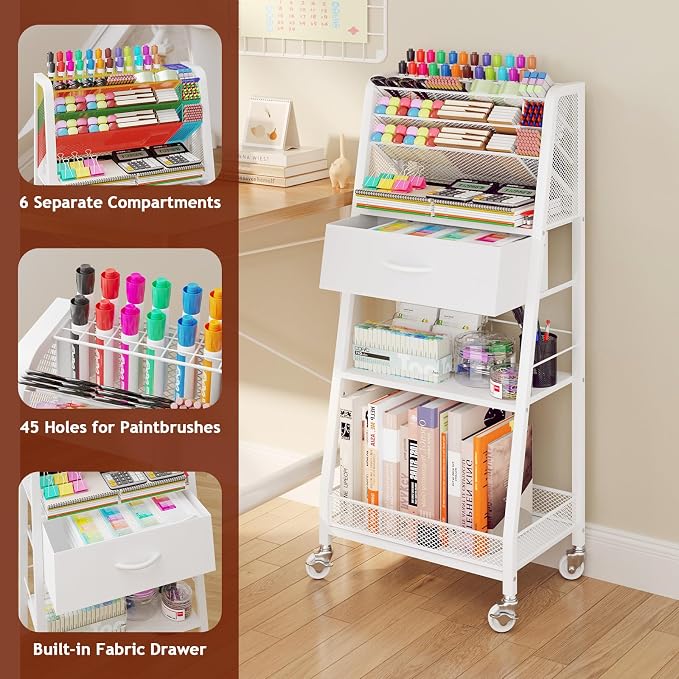 3 Tier Rolling Cart - Metal Utility Cart with Storage Drawer and Wheels, Versatile Art & Craft Organizer for Home, Office, or Studio - Ideal for Storing Brushes, Paints, and Supplies（White） - Image 3