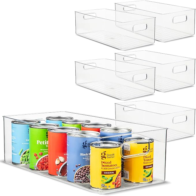 Plastic Food Storage 6 Pack Clear Container Bin with Handles for Organizing Kitchen, Pantry, Refrigerator, Freezer, Pantry, Cabinet, Closet, Bathroom. 16”x8”x5” by primebox