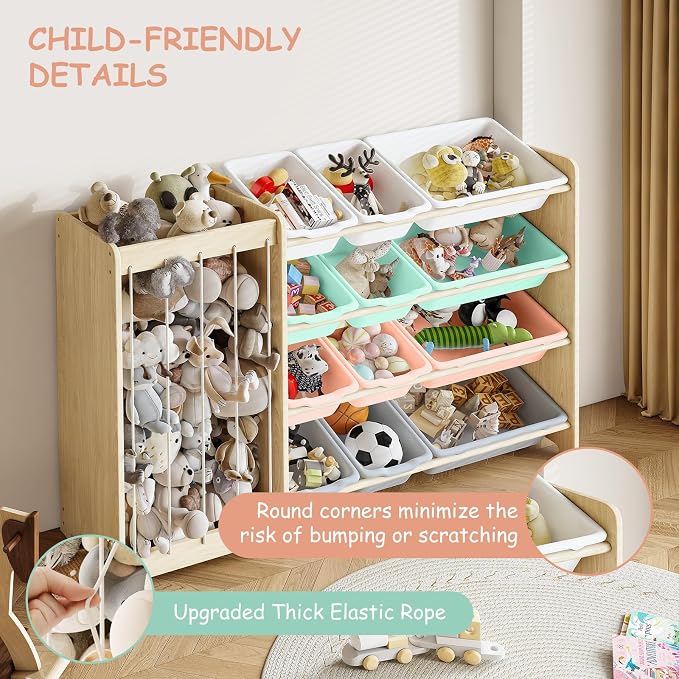 EXPERLAM Kids Toy Storage Organizer, 2-in-1 Stuffed Animal Storage & Toy Organizer w/12 Bins, Solid Wood Toy Rack Featuring Thicker Elastic Ropes to Hold Toys, Playroom Nursery Bedroom Storage, Multi - Image 3