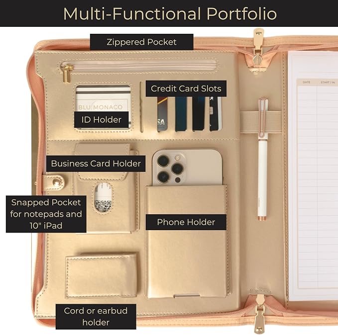 BLU MONACO | Peach Beige Vegan Leather Portfolio Binder for Women | Zipper Portfolio Binder with Gold Trim | Professional Business Portfolio with Zipper for 8.5 x 11 Documents - Image 2