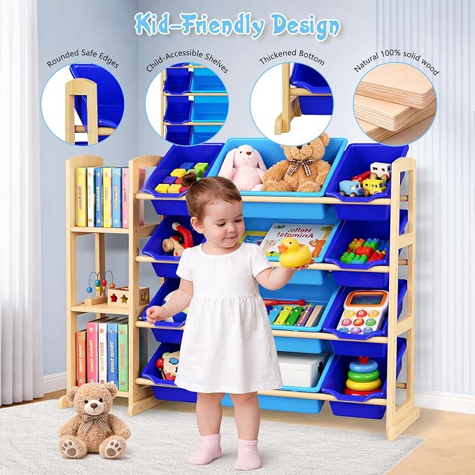 Kids Toy Storage Organizer with Bookshelf – Wooden Shelf with 12 Bins & 3 Shelves, Quick Assembly Storage Rack for Playroom, Bedroom, Nursery– Blue - Image 3