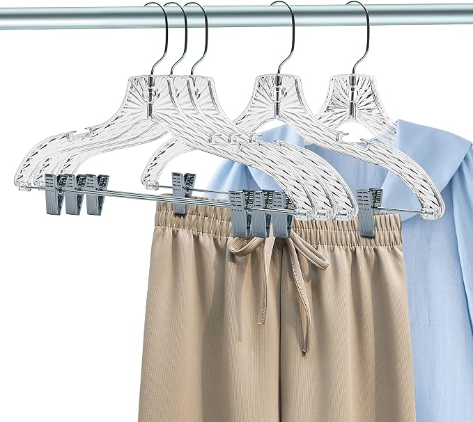 Quality Clear Plastic Skirt Hangers - 24 Pack Crystal Cut Pants Dress Durable Plastic Hanger Set with Adjustable Clips - Heavy Duty Hangers - Image 5