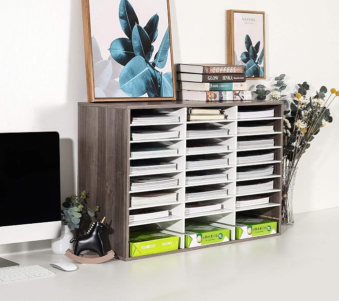 TQVAI Wood Literature Organizer, 27 Slots Hold 13500 Sheets A4 Papers, Wooden Desk File Paper Storage Organizer with Adjustable Shelves, Mailbox Cubbies for Office Home Classroom, Retro Grey/White - Image 2
