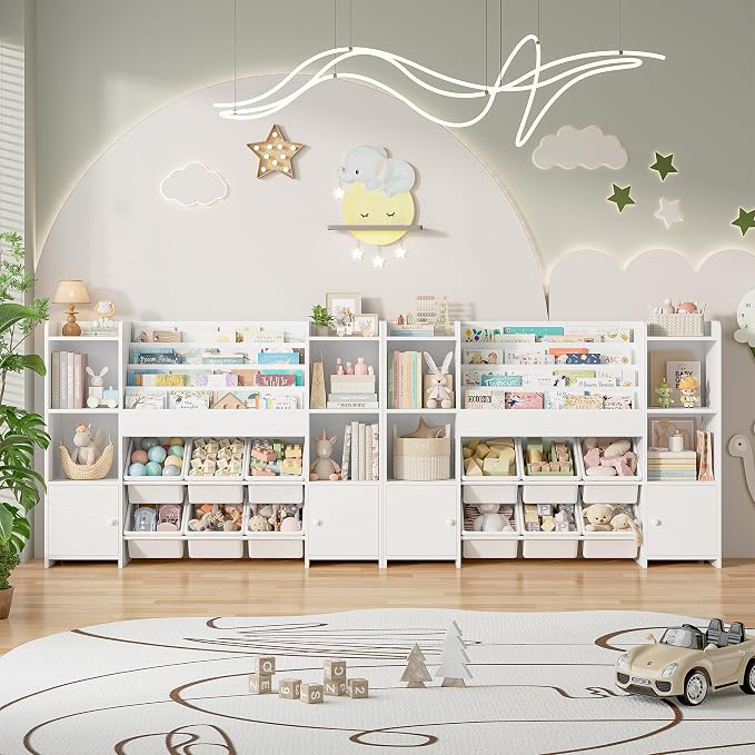 Toy Storage Organizer with 6 Toy Bins & 4 Tier Kids Bookshelf | Toy Organizer with 6 Cubbies, Kids Toy Organizers and Toy Storage with Bins, Playroom Storage and Toy Chest, White - Image 9