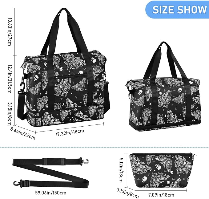 Travel Duffel Tote Bag Moth Skull Moon Esoteric Sports Duffel Bag with Wet Pocket Weekender Overnight Bag for Women Men Gym Bag, Carry On Bag Hospital Bag for Labor and Delivery - Image 2