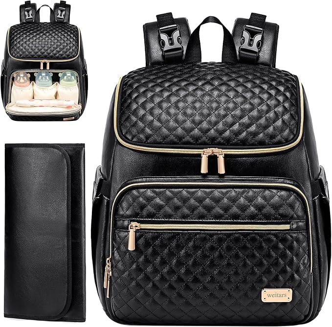 Diaper Bag Backpack Leather Baby Diaper Bag with Changing Pad Travel Diaper Backpack,Baby Bag for Mom,Stroller Straps,5 Insulated Pockets (Black Leather) - Image 8