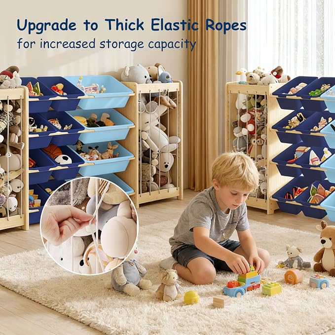EXPERLAM Large Toy Storage Organizer, Wooden Stuffed Animal Storage & 12-Bins Toy Organizer, Double-Sided Plush Toy Holder Featuring Thicker Ropes, Space Save Bedroom Nursery Playroom Storage, Blue - Image 5