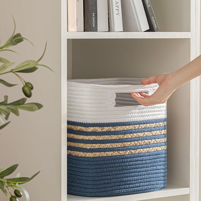 UBBCARE Set of 4 Storage Cubes 11 X 10.5 X 10.5 in, Water Hyacinth Storage Bins for Shelves, Book, Storage Baskets with Handles, Cotton Rope Woven Baskets for Organizing, Blue - Image 6