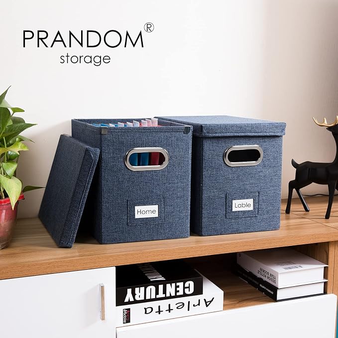 File Organizer Box - Set of 4 Collapsible Decorative Linen Filing Storage Hanging File Folders with Lids Office Cabinet Letter Size Navy Blue (14x9.3x10.8 inch) - Image 2