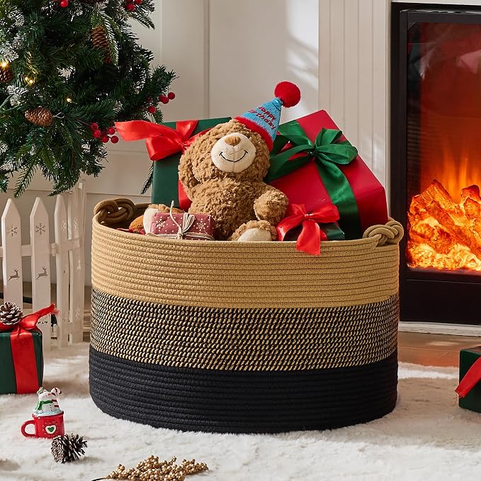 KAKAMAY Large Blanket Basket (20"x13"),Woven Rope Baskets for storage Baby Laundry Hamper, Cotton Rope Blanket Basket for Living Room, Laundry, Nursery, Pillows,Baby Toy chest (Jute/Black) - Image 6