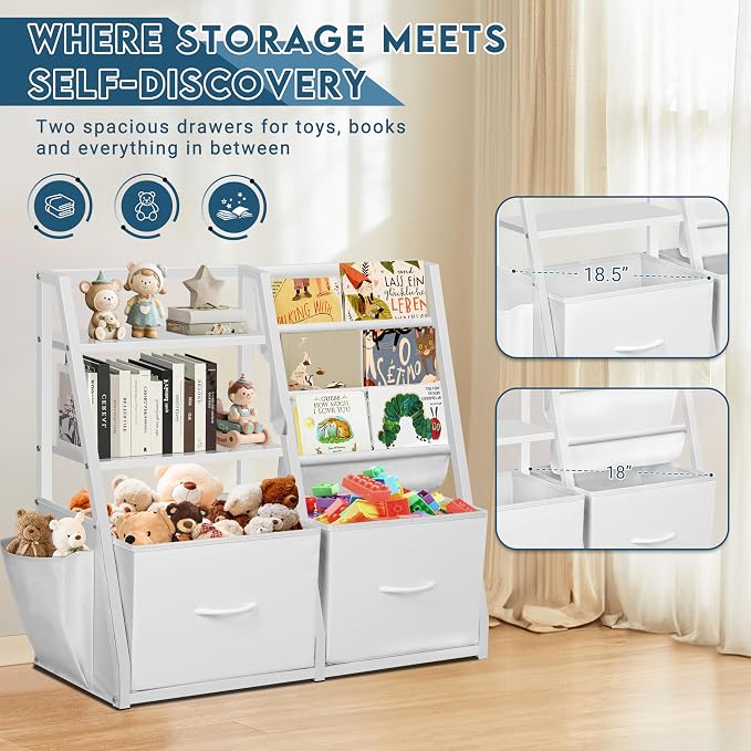 LOFTEY Kids Bookshelf and Toy Storage, Toy Box with Bookshelf, White | 29.5" Child-Friendly Height, 2 Large Fabric Drawers, 4 Sling Book Pockets, Anti-Tip Straps, for Nursery, Bedroom and Playroom - Image 6