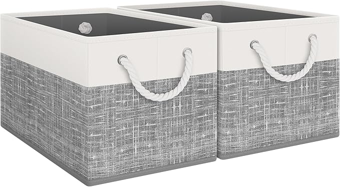 Storage Bins 2-Pack, Foldable Storage Baskets for Organizing Toys, Books, Shelves, Closet, Large Storage Box with Rope Handles, Sturdy Organizer Bins, White & Grey by Fabtotes