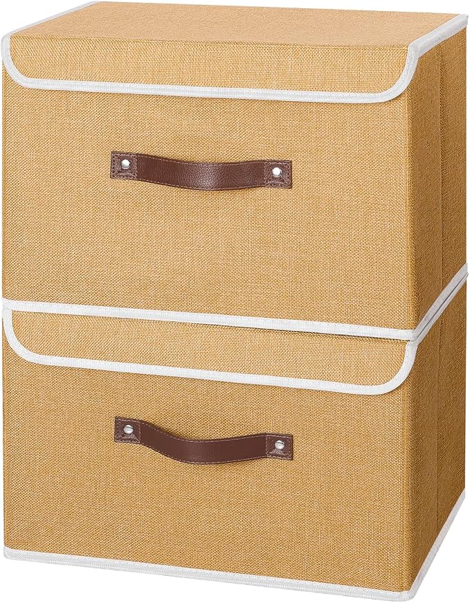 ANMINY Fabric Storage Box Bins with Lids, Khaki, 15"x10"x10", 2 Pack | Keepsake Memory Storage, Cotton Linen, PP Board Reinforced, Washable, PU Handles, Foldable & Stackable, Decorative, Large - Image 2