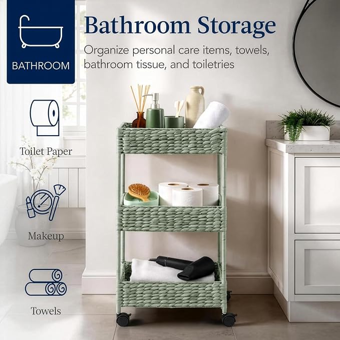 Best Choice Products 3-Tier Water Hyacinth Rolling Nursery Caddy w/Wheels, Utility Cart, Storage Organization for Bathroom, Craft Room, Laundry Room - Sage - Image 5