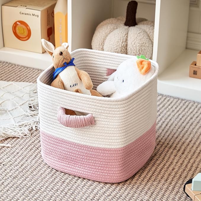 R RUNKA Storage Cube Baskets for Organizing 11 inch-3 Pack- Square Baskets for Cube Storage, Closet Storage Bins - Woven Cube Storage Bins for Shelves- Cube Drawer- Ideal for Toy Storage White & Pink - Image 4