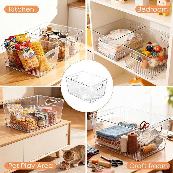 MOONEDGE 8 Pack Clear Plastic Storage Bins 12x8x6in Pantry Organizer | Large Pantry Storage Bins, Cabinet Containers for Under-Sink Storage, Kitchen, Fridge, Bathroom and Home Organization - Image 2
