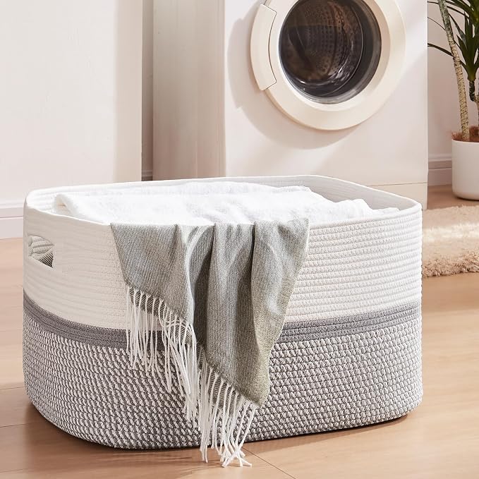 OIAHOMY Blanket Basket Laundry Basket Dog Toy Basket 75L Grey/White | Large Storage Basket,Baby Basket,Toy Storage,Woven Rope Basket for Blankets,Blanket Storage for Living Room - Image 2